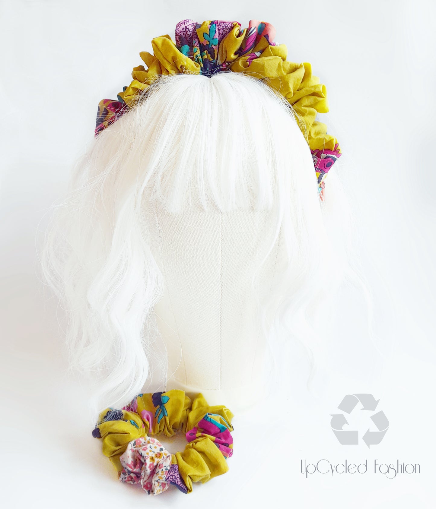 Mustard Yellow Floral Recycled Fabric Scrunchies & Headband Set – Sustainable Hair Accessories for Everyday Use